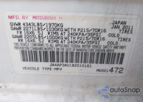 2011 Mitsubishi Outlander Sport Es z USA, uszkodzony, nr VIN JA4AP3AU1BZ010161